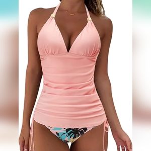 Halter Tankini with Tropical Bottoms Slimming Tummy Control